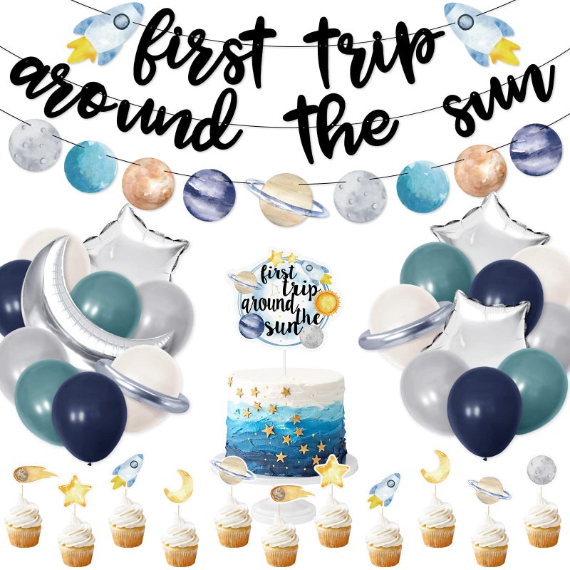 Bessmoso First trip Around the Sun Birthday Decorations 58pcs Outer Space 1st Birthday Banner First Trip Around the Sun Cake Toppers Solar System Party Balloons for Galaxy Party Supplies set - Image 2