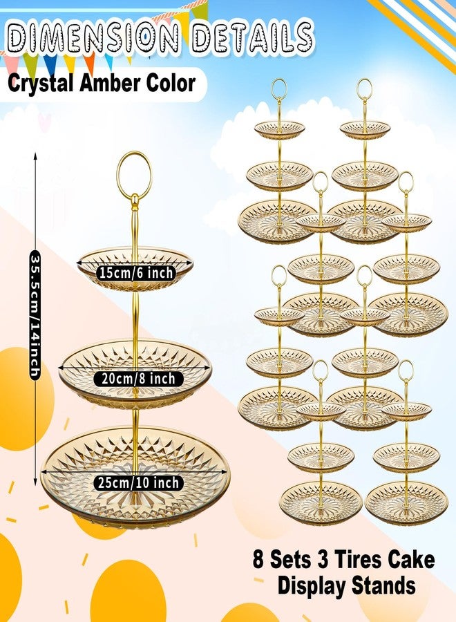 Patelai 8 Packs 3 Tier Crystal Acrylic Clear Cake Stand with Gold Round Holder Acrylic Cupcake Stand Holder for Home Wedding Holiday Birthday Baby Shower Tea Party (Clear Amber) - Image 3