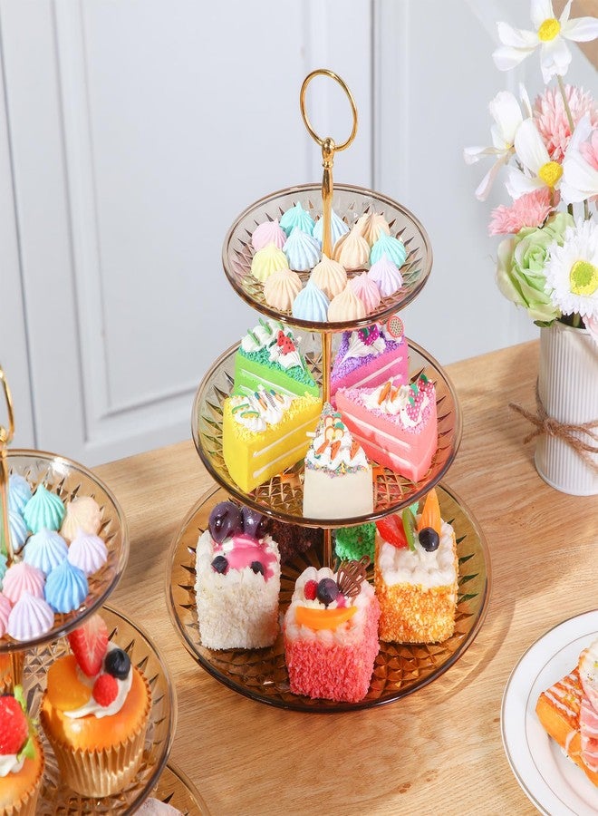Patelai 8 Packs 3 Tier Crystal Acrylic Clear Cake Stand with Gold Round Holder Acrylic Cupcake Stand Holder for Home Wedding Holiday Birthday Baby Shower Tea Party (Clear Amber) - Image 4