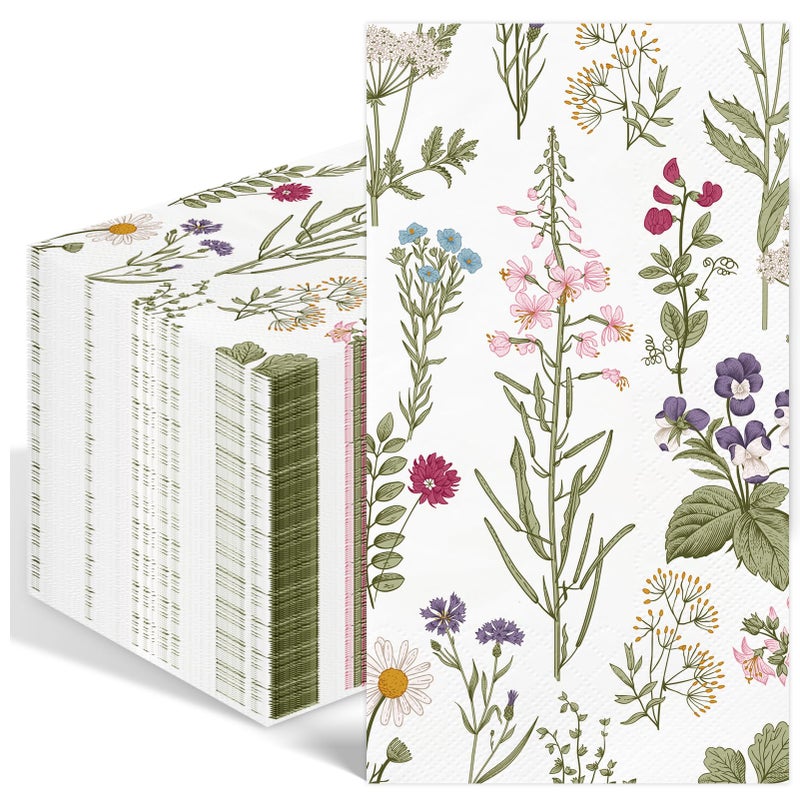 IANFEPH 100PCS Floral Paper Napkins 3 Ply Disposable Hand Towels for Bathroom Vintage Wildflower Guest Napkins Green Wild Flower Dinner Napkins for Wedding Bridal Baby Shower Birthday Spring Summer Party - Image 1
