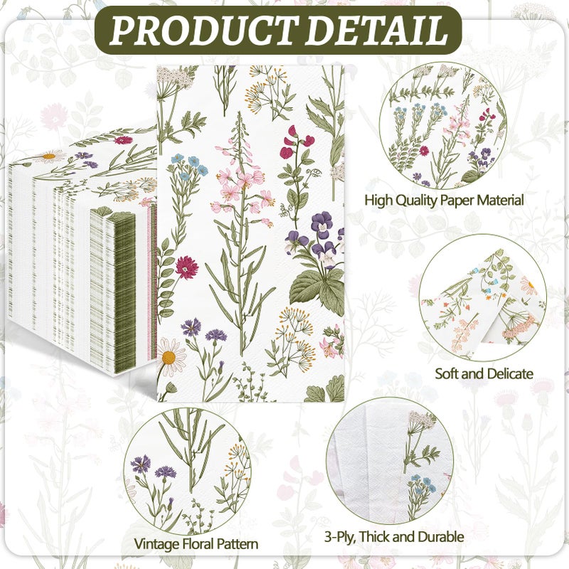 IANFEPH 100PCS Floral Paper Napkins 3 Ply Disposable Hand Towels for Bathroom Vintage Wildflower Guest Napkins Green Wild Flower Dinner Napkins for Wedding Bridal Baby Shower Birthday Spring Summer Party - Image 3
