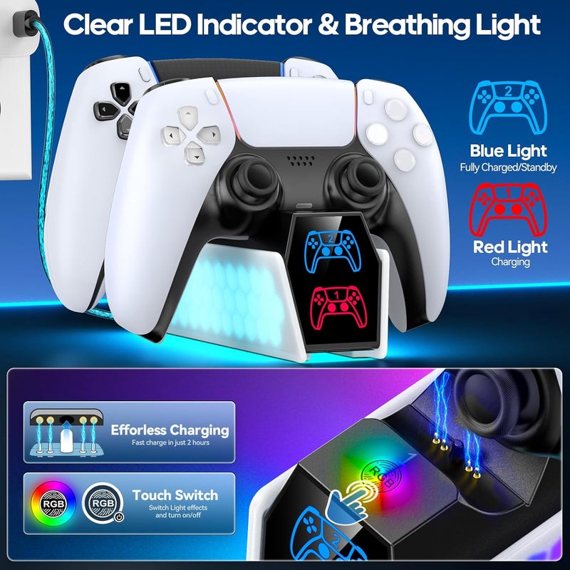 كي دي دي محطة شحن جهاز تحكم PS5 متوافقة مع أجهزة تحكم DualSense و Edge، محطة شحن PS5 مع مؤشر LED، حامل شاحن مزدوج للتحكم عن بعد لجلد PlayStation 5 - Image 3