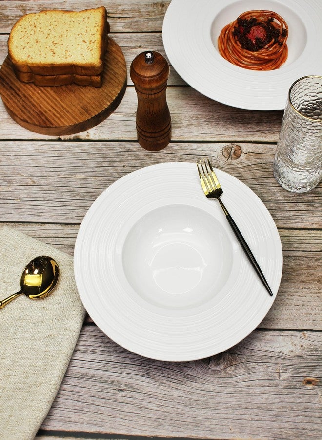 Creativity Home Soup Bowls soup Plate 12 oz Pasta Bowl Set of 4 White Shallow Bowl Plates, Porcelain Rimmed Bowls with Rim, Microwave ovens and refrigerators safe 11.4 IN Wide edge coil texture plate - Image 5