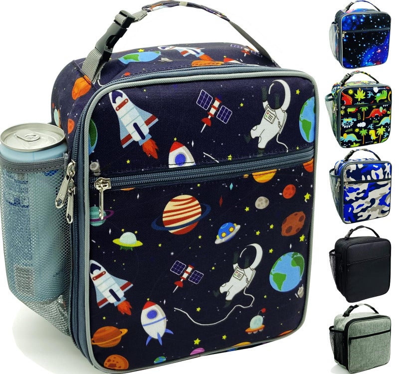 Kulle Astronaut Lunch Box for Boys Insulated Kids Lunch Bag with Freezable Compartment Thermal Reusable Lunchbox for School Outdoor Daycare Space Theme Design