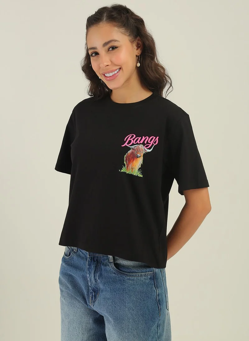 globus Globus Women Black Round Neck Short Sleeves Graphic Print Oversized Fit T-Shirt