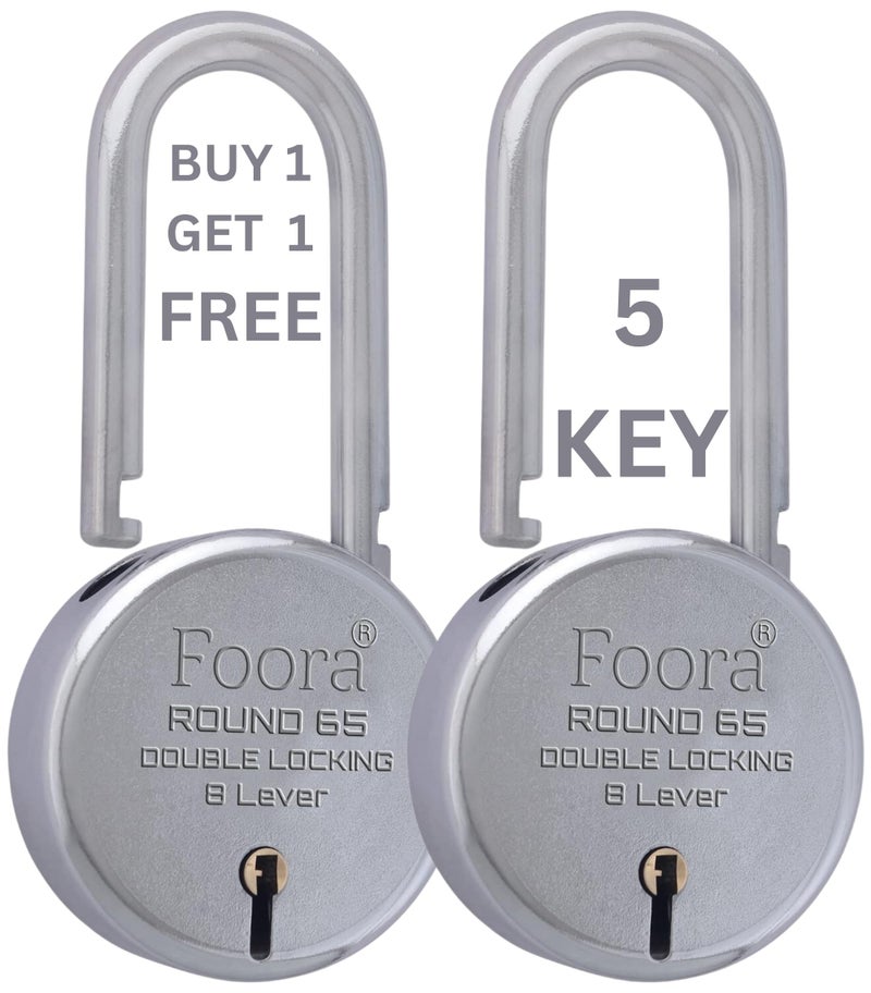 Foora New Round 65mm Lock | Long Shackle | Metal Body | Double Locking | 8 Steel Lever | 5 Silver Keys with Keychain | Silver Finsih | Pack of 2 | Made in India | Export in USA | Canada - Image 1