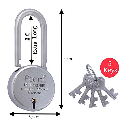 Foora New Round 65mm Lock | Long Shackle | Metal Body | Double Locking | 8 Steel Lever | 5 Silver Keys with Keychain | Silver Finsih | Pack of 2 | Made in India | Export in USA | Canada - Image 2
