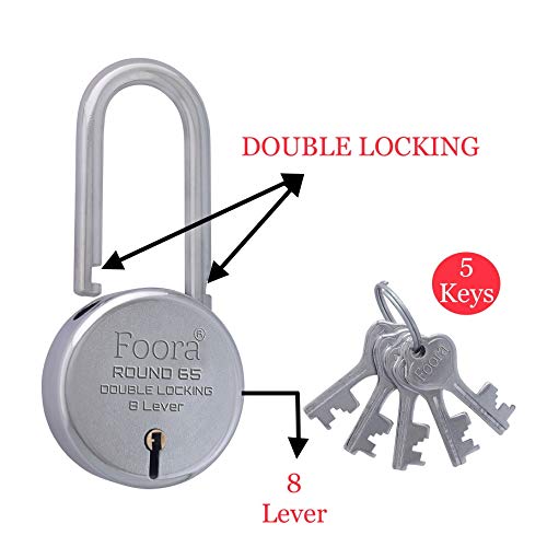 Foora New Round 65mm Lock | Long Shackle | Metal Body | Double Locking | 8 Steel Lever | 5 Silver Keys with Keychain | Silver Finsih | Pack of 2 | Made in India | Export in USA | Canada - Image 4