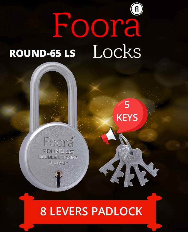 Foora New Round 65mm Lock | Long Shackle | Metal Body | Double Locking | 8 Steel Lever | 5 Silver Keys with Keychain | Silver Finsih | Pack of 2 | Made in India | Export in USA | Canada - Image 5