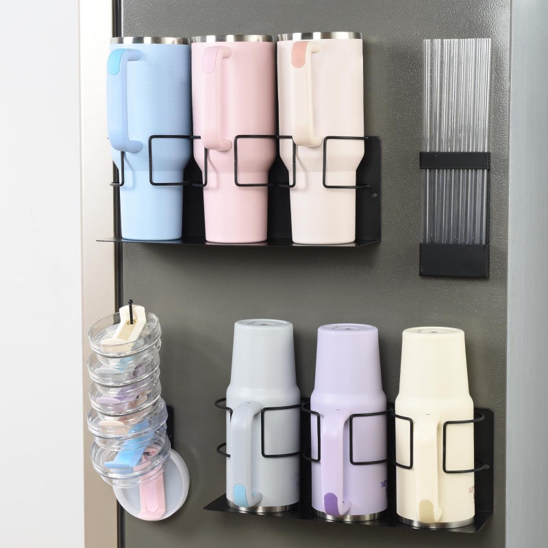 OTraki Magnetic Cup Holder for Fridge, Heavy Duty Tumbler Holder Organizer with Lid & Straw for Fridge, Magnet Water Bottle Holder Fit Stanley & Yeti 20/30/40oz Cup Kitchen Pantry Storage (4Piece Set) - Image 1