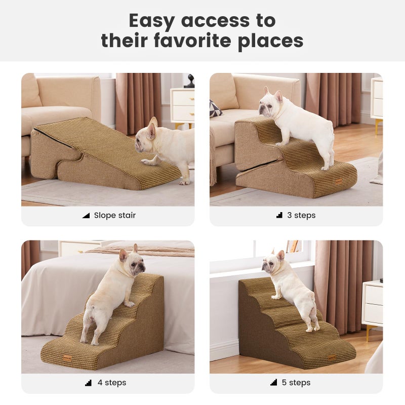 Gardner Pet Dog Stairs for Small Dogs 22.8" H, 5-Step Brown Curved Pet Stairs, Dog Steps for High Bed, Couch (24-30 in) with Durable Non-Slip Waterproof Fabric Cover and CertiPUR-US Certified Foam - Image 5