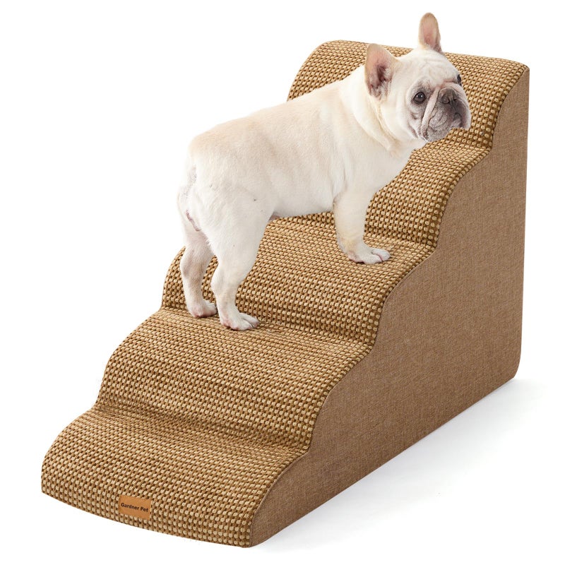 Gardner Pet Dog Stairs for Small Dogs 22.8" H, 5-Step Brown Curved Pet Stairs, Dog Steps for High Bed, Couch (24-30 in) with Durable Non-Slip Waterproof Fabric Cover and CertiPUR-US Certified Foam - Image 1