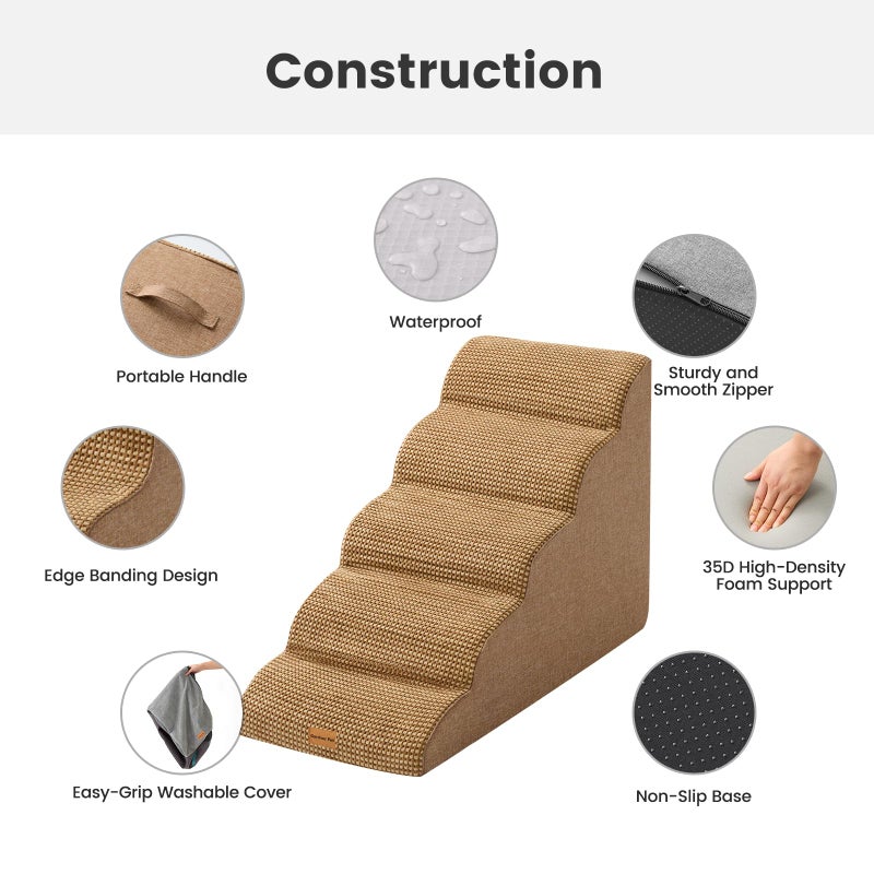 Gardner Pet Dog Stairs for Small Dogs 22.8" H, 5-Step Brown Curved Pet Stairs, Dog Steps for High Bed, Couch (24-30 in) with Durable Non-Slip Waterproof Fabric Cover and CertiPUR-US Certified Foam - Image 3