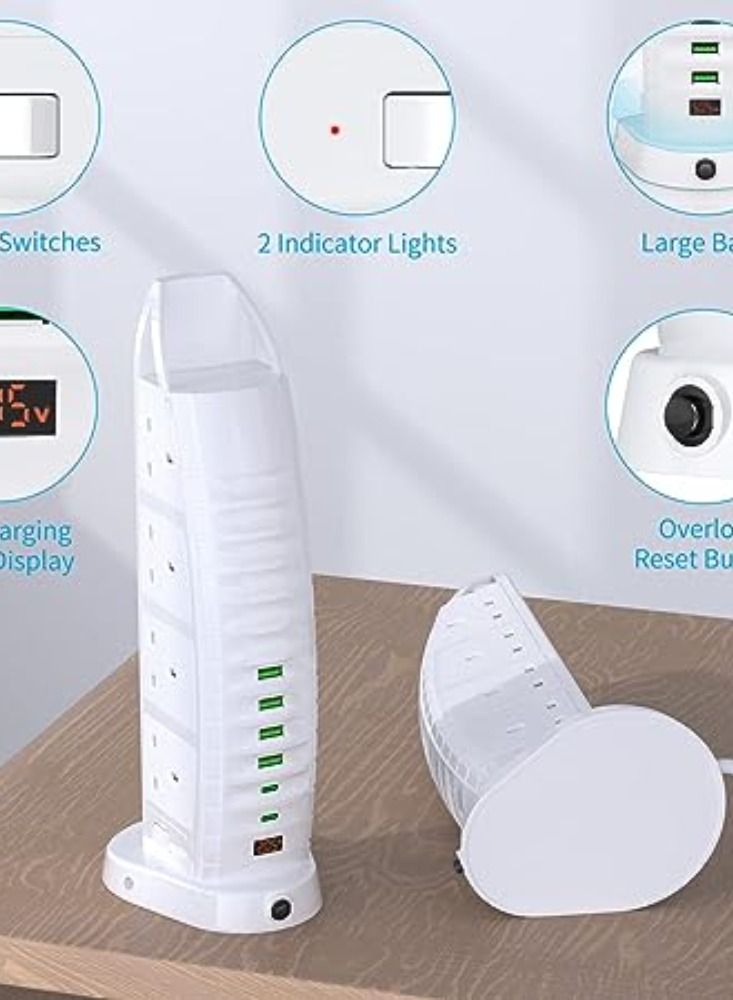 Dream Zone Burj Al Arab Sailboat Shape Tower Extension Lead with USB, 8 Way Outlets 6 USB Fast Charging Ports (2 Type C and 4 USB Ports) 3.6A Multi Plug Extension Cord Socket 2M Cable, Vertical Power Strip - Image 3