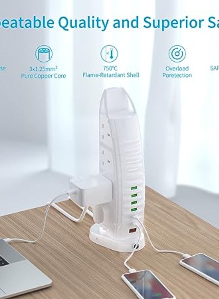 Dream Zone Burj Al Arab Sailboat Shape Tower Extension Lead with USB, 8 Way Outlets 6 USB Fast Charging Ports (2 Type C and 4 USB Ports) 3.6A Multi Plug Extension Cord Socket 2M Cable, Vertical Power Strip - Image 2