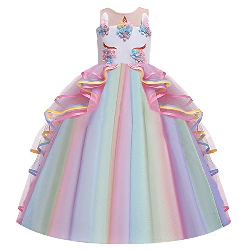 HIHCBF Girls Unicorn Costume Pageant Princess Party Dress Wedding Birthday Christmas Carnival Long Maxi Gown w/Headband Multicolored 8-9T - Image 2