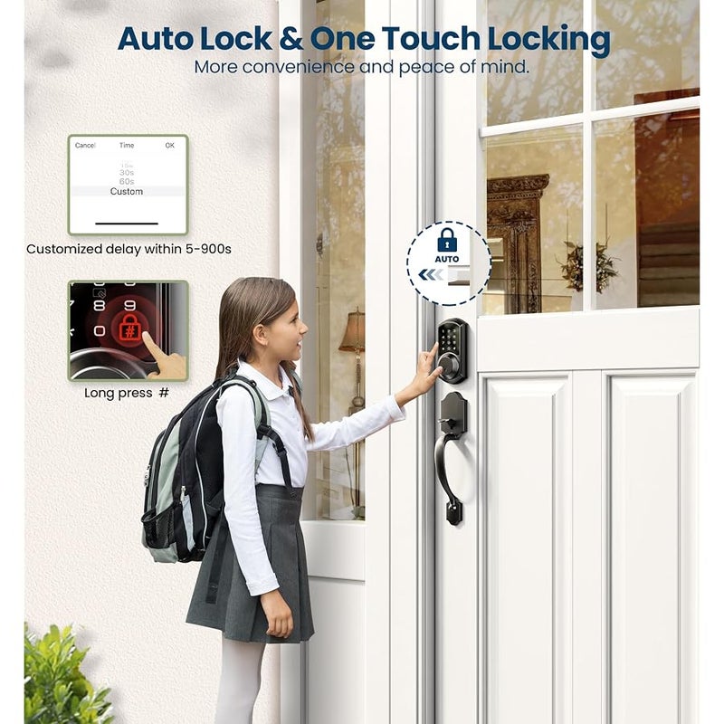 Veise VE06-H Smart Front Door Lock Set, App Control, Keyless Entry Deadbolt with Lever Handle, Electronic Digital Touchscreen Keypad, Auto Lock, Easy Install, Matte Black - Image 5