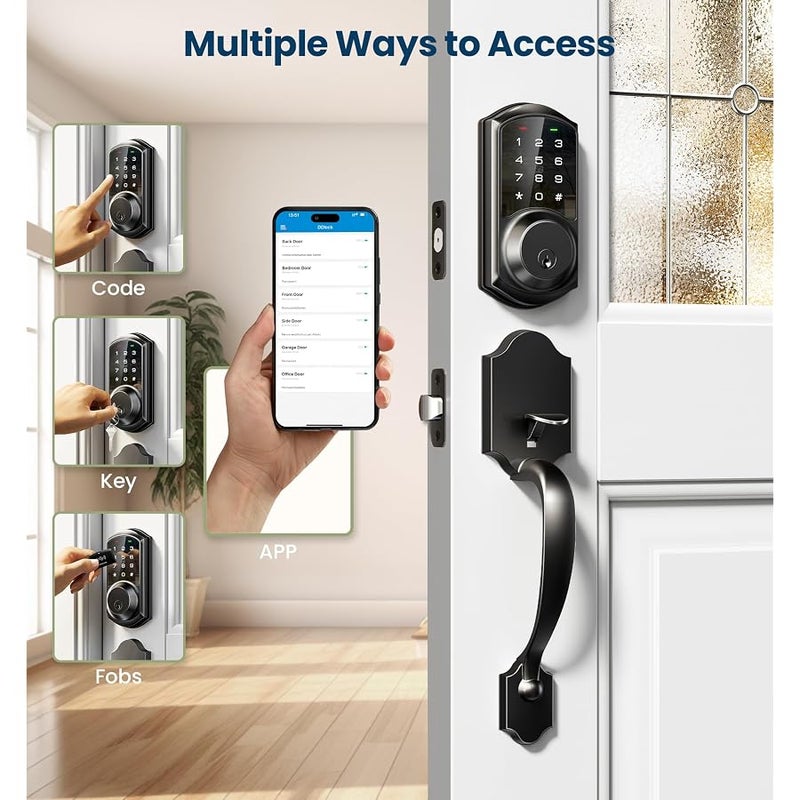 Veise VE06-H Smart Front Door Lock Set, App Control, Keyless Entry Deadbolt with Lever Handle, Electronic Digital Touchscreen Keypad, Auto Lock, Easy Install, Matte Black - Image 2