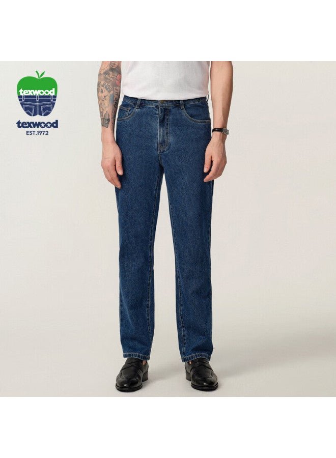 Texwood Pingguo Men's Jeans, Business Commute Casual Pants, Trendy Breathable Cotton Stone-washed Straight-leg Trousers, Blue, Size 32 - Image 1