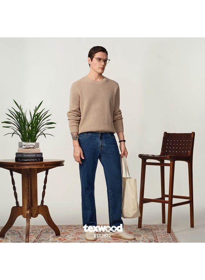 Texwood Pingguo Men's Jeans, Business Commute Casual Pants, Trendy Breathable Cotton Stone-washed Straight-leg Trousers, Blue, Size 32 - Image 4