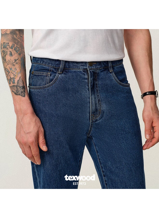 Texwood Pingguo Men's Jeans, Business Commute Casual Pants, Trendy Breathable Cotton Stone-washed Straight-leg Trousers, Blue, Size 32 - Image 3