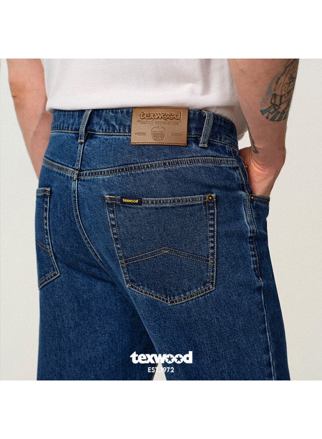 Texwood Pingguo Men's Jeans, Business Commute Casual Pants, Trendy Breathable Cotton Stone-washed Straight-leg Trousers, Blue, Size 32 - Image 2
