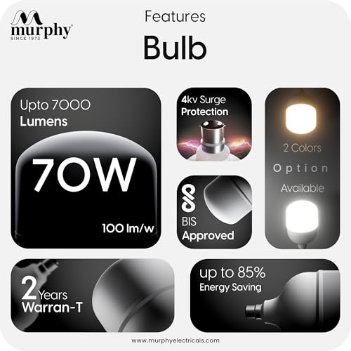 Murphy 70W LED Bulb – Cool Daylight | High Wattage Energy-Saving Bulb | B22 Base | Long Life | 6500K Bright White | 2-Year Warranty (Pack of 1) - Image 3
