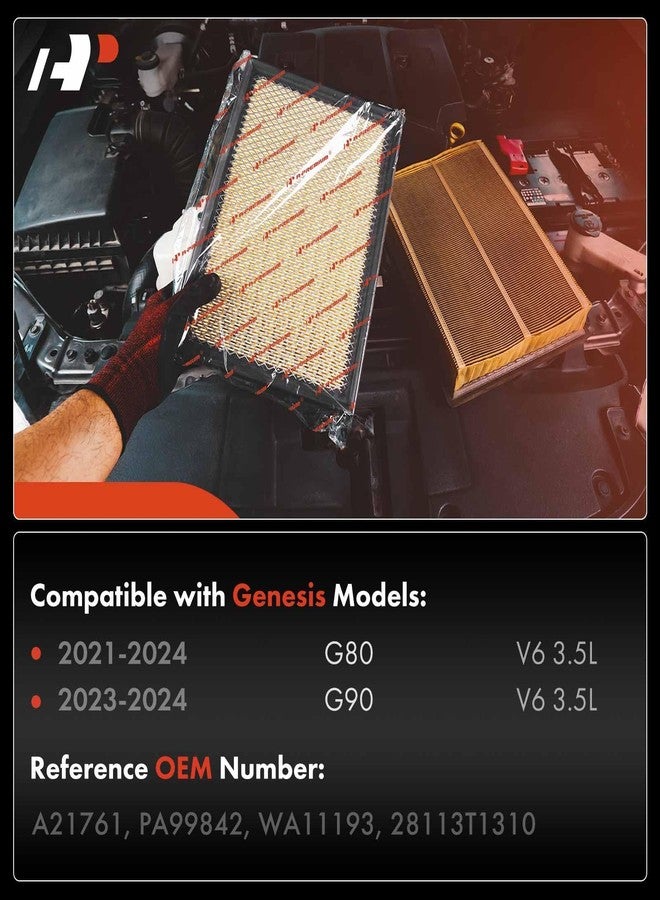 أ-بريميوم فلتر هواء محرك A-Premium ثنائي القطع متوافق مع سيارات جينيسيس G80 موديلات 2021-2024 و G90 موديلات 2023-2024، سعة 3.5 لتر، بديل للرقم 28113T1310 و PA99842 - Image 2