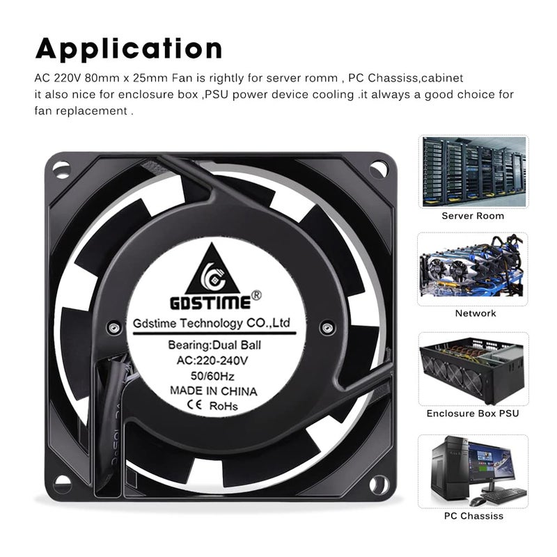 GDSTIME Fan 230 V 80 mm PC Fan 230 V 80 mm Dual Ball Bearing Mini Fan 220 V 80 x 80 x 25 AC Axial Fan 220 V for PC Server Cabinet Motorhome Fridge Inverter Cooling Ventilation Exhaust - Image 4