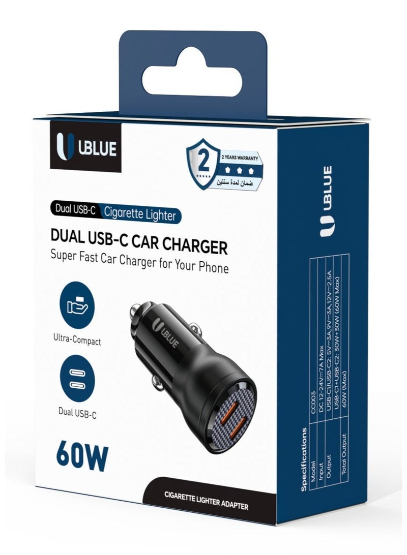 يوبلو شاحن سيارة UBLUE ثنائي المنافذ USB-C، بقوة قصوى 60 واط، منفذان، يدعم الشحن السريع PD 3.0، من النوع C، يعمل بجهد تيار مستمر 12-24 فولت، مقاوم للحريق من الفئة V0، أسود - Image 3