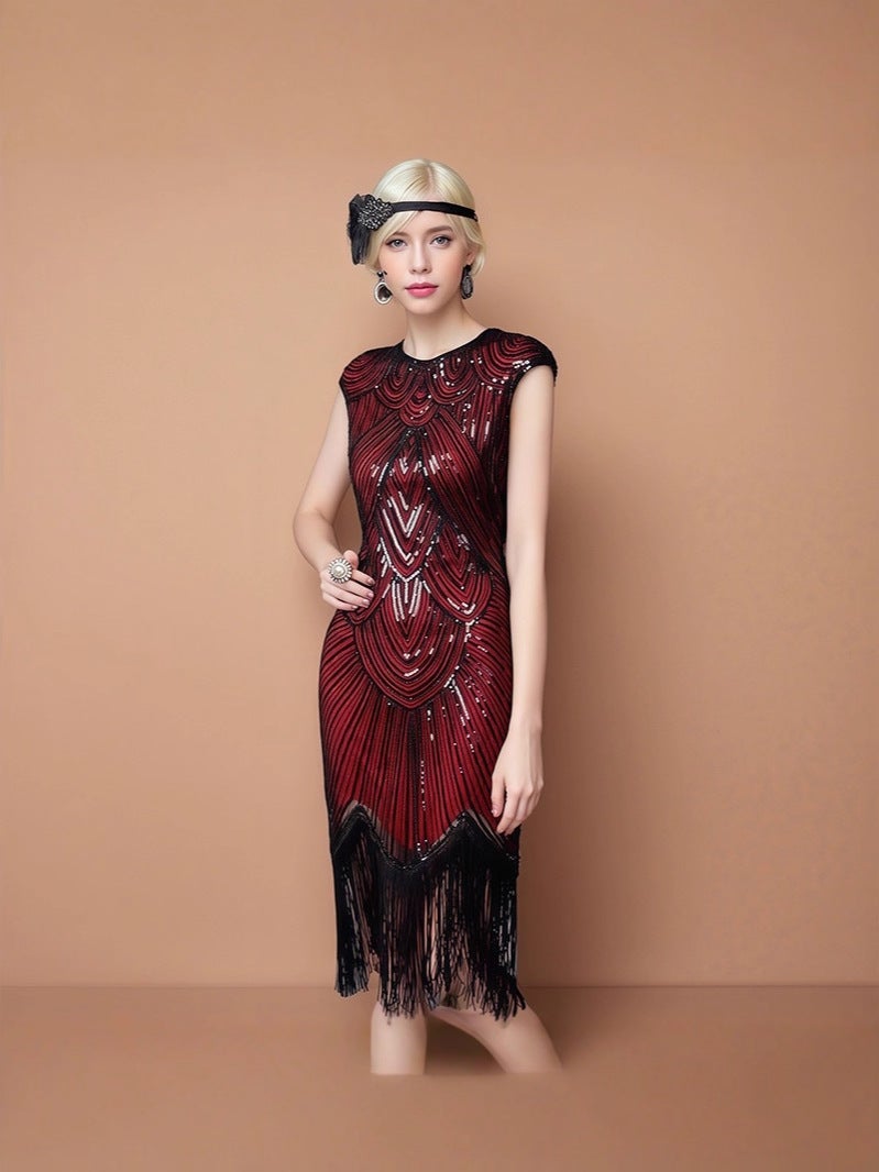 1920S Retro Dress Gatsby Dress Heavy Beaded Sequin Tassel Skirt Evening Dress - Image 3