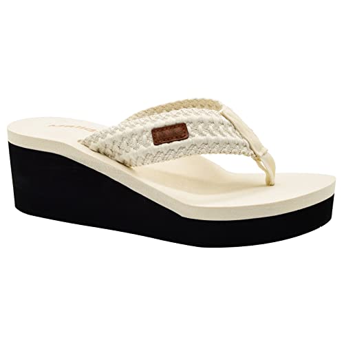 MALIDA Womens Wedge Arch Support Flip Flops Cushion Soft Rubber Midsole Platform Thong Sandals with Rubber Sole,Beige US 8 - Image 1