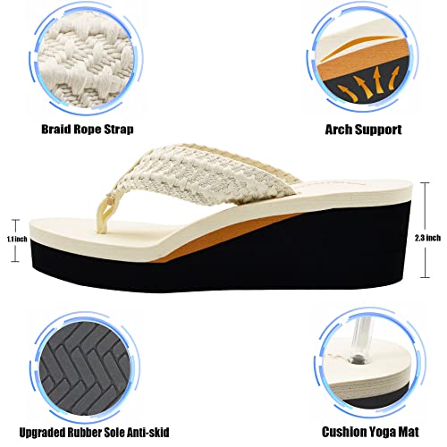 MALIDA Womens Wedge Arch Support Flip Flops Cushion Soft Rubber Midsole Platform Thong Sandals with Rubber Sole,Beige US 8 - Image 2