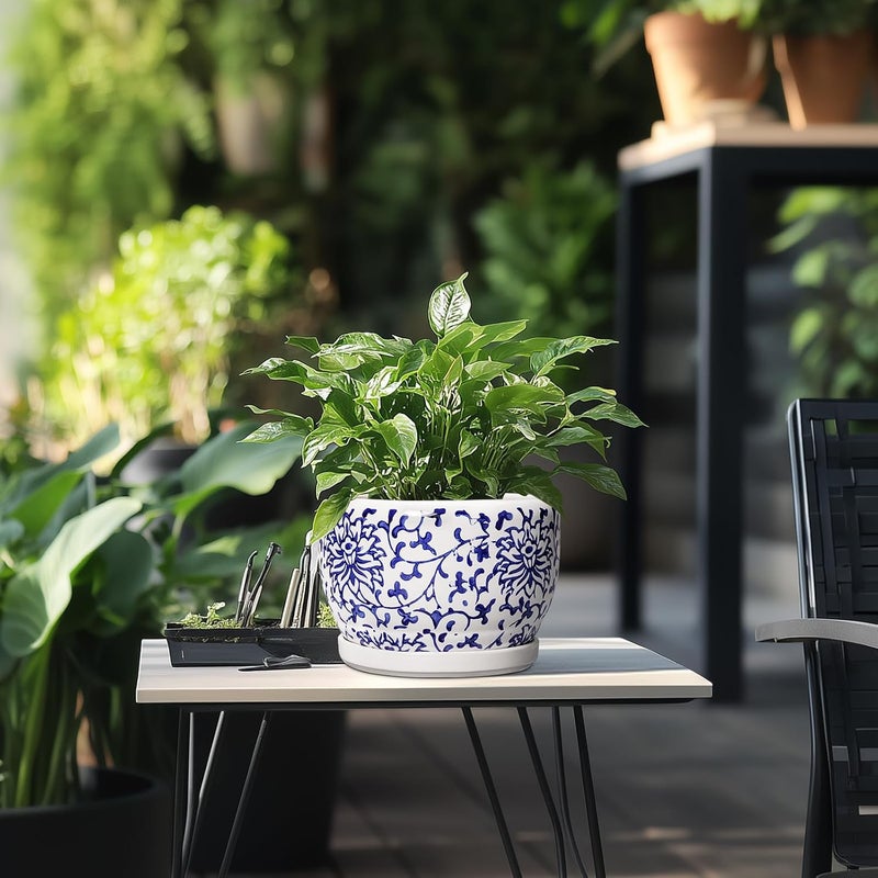SQOWL Ceramic Pots for Plants - 8 inch Ceramic Planter with Drainage Hole and Saucer, Round Flower Pots for Indoor Plants, Porcelain Planter Outdoor, Porch Decor, Gifts for Women Men, Blue and White - Image 5