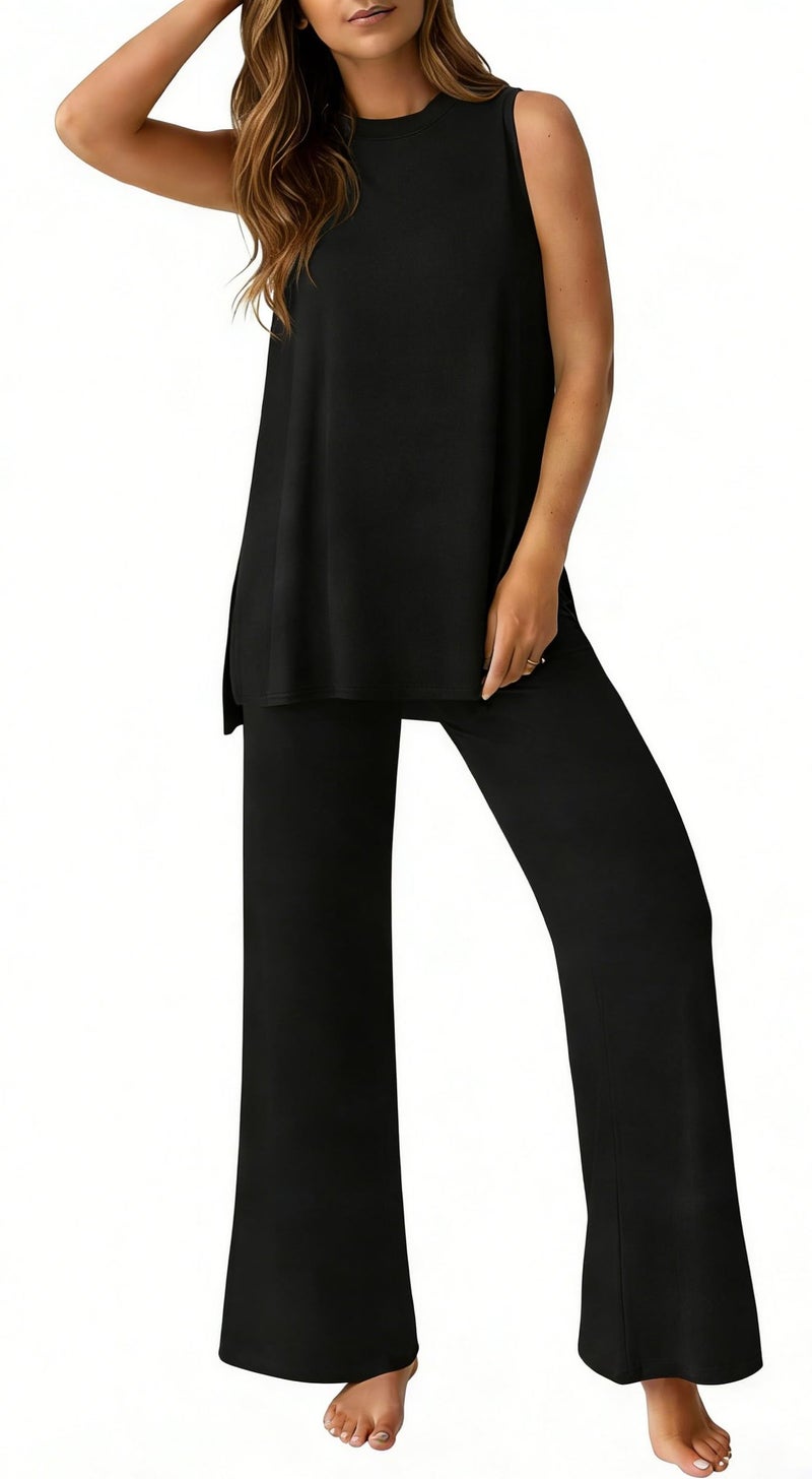 PrinStory Womens Pajamas Sets Lounge Sets for Women Sleeveless Pajama Set 2 Piece Pjs Soft Loungewear with Pockets Black-M - Image 1