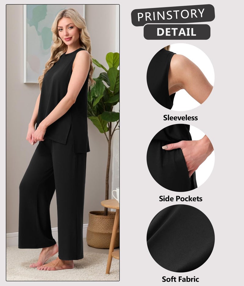 PrinStory Womens Pajamas Sets Lounge Sets for Women Sleeveless Pajama Set 2 Piece Pjs Soft Loungewear with Pockets Black-M - Image 5