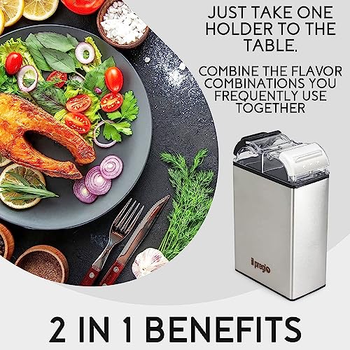 Il Pregio Double Spice Stainless Steel Seasoning Jar Shaker - 2 in 1 Salt and Pepper Dispenser with Adjustable Pour Holes | 2.3oz Per Side - 2 Pack - Image 3
