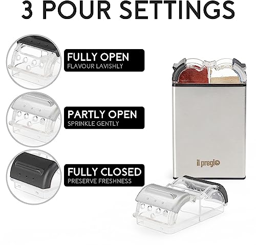 Il Pregio Double Spice Stainless Steel Seasoning Jar Shaker - 2 in 1 Salt and Pepper Dispenser with Adjustable Pour Holes | 2.3oz Per Side - 2 Pack - Image 2