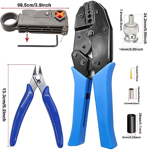 Taiss Coaxial Cable Tool Kit BNC Crimp tool with 10PCS BNC Male Crimp Connector,Coaxial Cable Stripper Cutter,Wire Cable Cutter and Heat Shrink Tube for RG58/RG59/RG62/RG174 - Image 2