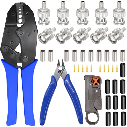 Taiss Coaxial Cable Tool Kit BNC Crimp tool with 10PCS BNC Male Crimp Connector,Coaxial Cable Stripper Cutter,Wire Cable Cutter and Heat Shrink Tube for RG58/RG59/RG62/RG174 - Image 1