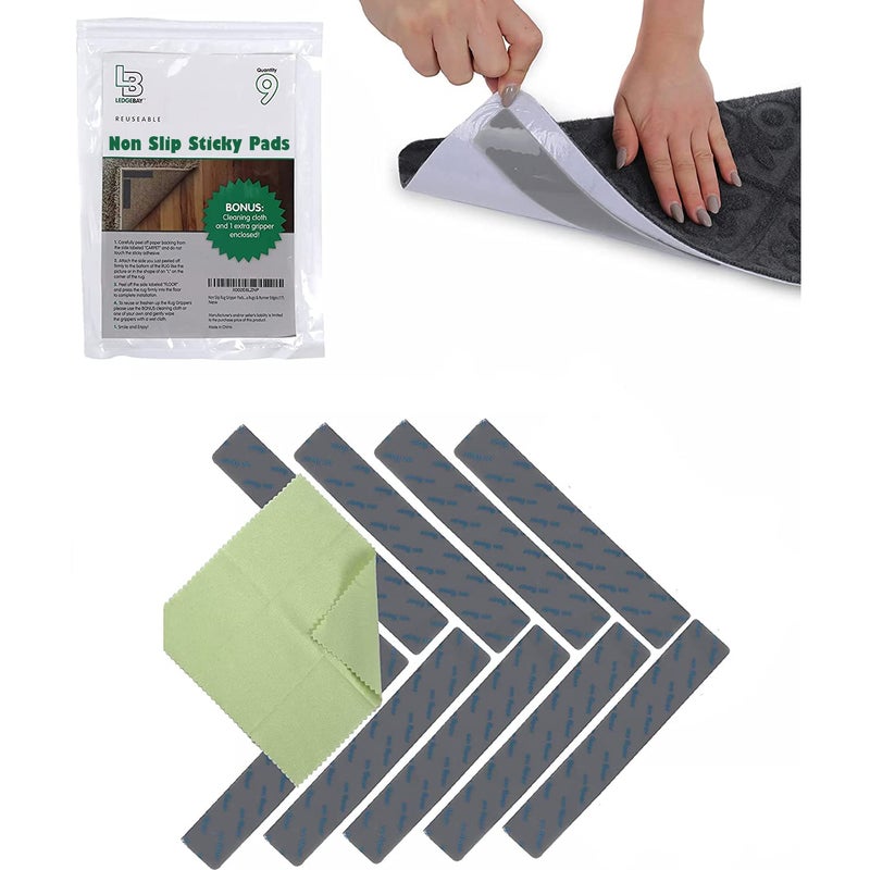 Ledgebay Rug Pad Grippers for Area Rugs Pack of 9 Reusable No Skid Washable AntiSlip Pads Rug Gripper for Hardwood Floors and Tile with DoubleSided Self Adhesive Rug Tape to Keep Rugs Flat