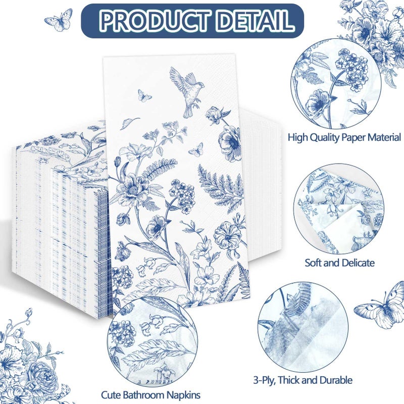 IANFEPH 100PCS Blue Floral Napkins Disposable Hand Towels for Bathroom 3 Ply Blue and White Paper Napkins Vintage Bird Flower Guest Napkins Chinoiserie Napkins for Spring Wedding Bridal Shower Cocktail Party  - Image 2