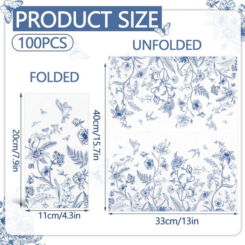 IANFEPH 100PCS Blue Floral Napkins Disposable Hand Towels for Bathroom 3 Ply Blue and White Paper Napkins Vintage Bird Flower Guest Napkins Chinoiserie Napkins for Spring Wedding Bridal Shower Cocktail Party  - Image 1