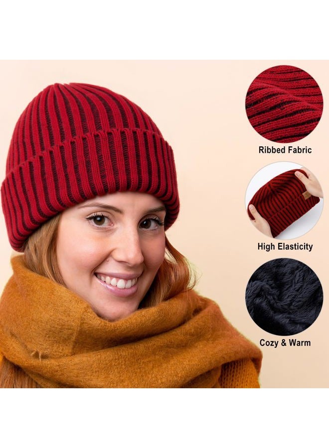 HONGTEYA 3 Pack Winter Beanie for Men Women, Thicken Thermal Plush Lined Beanie Fashion Warm Knit Hat for Cold Weather, Black+gray+wine Red, One size - Image 5