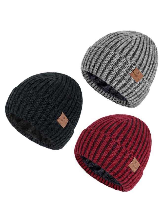 HONGTEYA 3 Pack Winter Beanie for Men Women, Thicken Thermal Plush Lined Beanie Fashion Warm Knit Hat for Cold Weather, Black+gray+wine Red, One size - Image 1