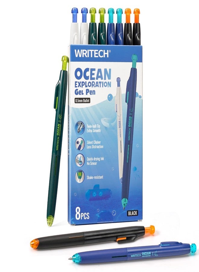 WRITECH Retractable Gel Ink Pens: 8ct Black Ink 0.5mm Fine Point Tip Click Pen for Smooth Writing Journaling Note Taking Sketching No Smudge & Smear - Image 1