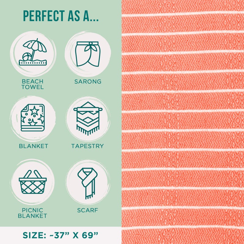 Sand Cloud Turkish Beach Towel - Sand Proof - 100% Certified Organic Turkish Towel - Quick Dry Towel for Beach, Picnic, Blanket or Bath Towel - As Seen on Shark Tank - Gocek (Coral) - Image 3