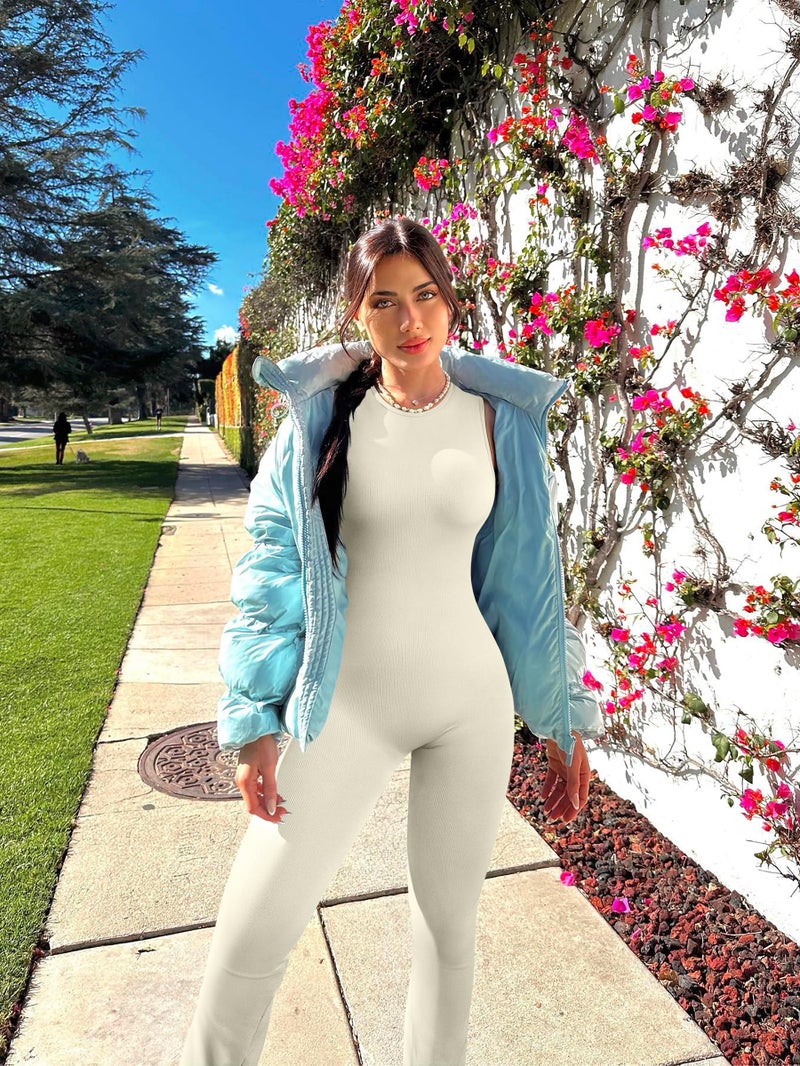 OQQ Women Yoga Jumpsuits Ribbed Crew Neck Sleeveless Bell Bottoms Flare Jumpsuits Beige - Image 4