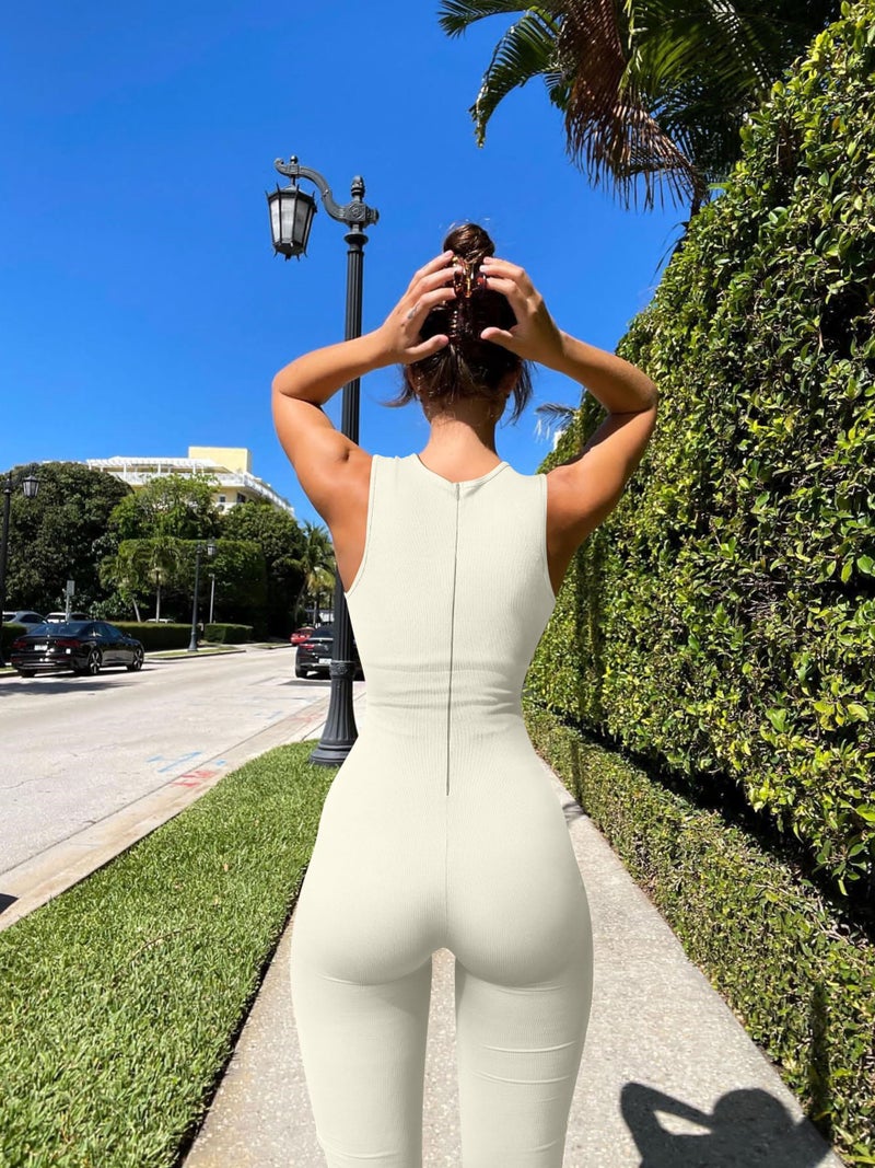OQQ Women Yoga Jumpsuits Ribbed Crew Neck Sleeveless Bell Bottoms Flare Jumpsuits Beige - Image 5
