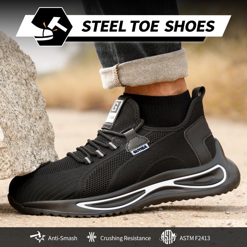 GLANOUDUN Steel Toe Shoes for Men Lightweight Work Shoes for Men Black Steel Toe Sneakers Comfortable Safety Tennis Sneakers Indestructible Men's Safety Footwear Industrial Construction White - Image 2